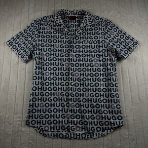 Hugo Boss Ebor Camp Shirt Men's L Button Front Logo All Over Print Graphic